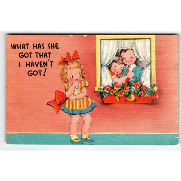 Vintage 1940s Linen Comic Postcard 'What Has She Got That I Haven't Got?' - Picture 1 of 2